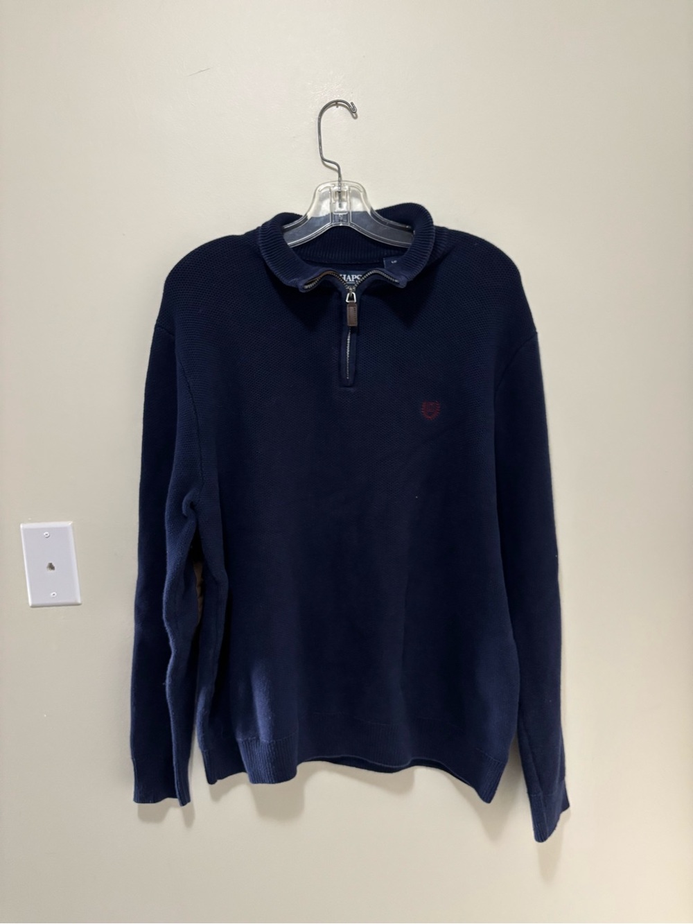Vintage Chaps Navy Blue Cotton Suede Elbow Patch Quarter-Zip Sweater (Large)